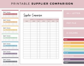 Printable Supplier comparison sheet, compare suppliers for small business, product supplier cost comparison, Craft business, A4 and letter
