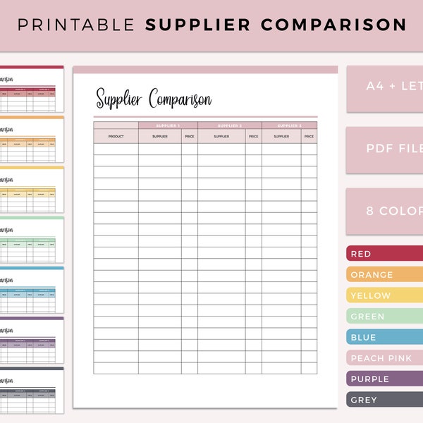 Printable Supplier comparison sheet, compare suppliers for small business, product supplier cost comparison, Craft business, A4 and letter