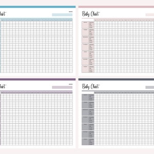 May include: Four printable baby charts with different colored borders. Each chart has columns for date, time, feeding, diaper, sleep, and notes. The charts are designed to help parents track their baby's progress.