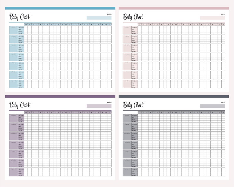 May include: Four printable baby charts with different colored borders. Each chart has columns for date, time, feeding, diaper, sleep, and notes. The charts are designed to help parents track their baby's progress.