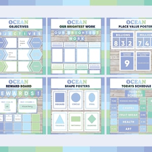 Ocean bright classroom number posters in blue and green