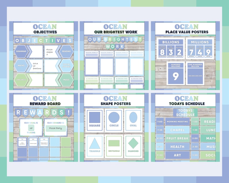 Ocean bright classroom number posters in blue and green