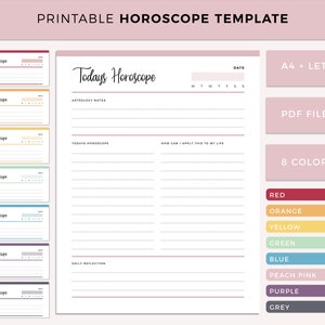 Printable Daily Horoscope Template, Zodiac Sign horoscope journal and Astrology Workbook, Star sign diary and Divination worksheet