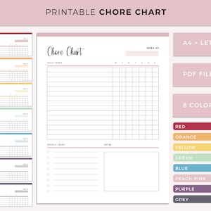 Printable chore chart, Print at home daily chores list, household to do list, daily and weekly responsibilities and task template checklist
