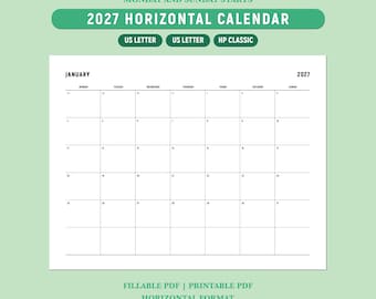Druckbarer Kalender 2027, Monatskalender 2027, Horizontaler Querformatkalender, Kalender 2027, A4/Letter/Happy Planner, ausfüllbares PDF