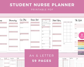 May include: A printable student nurse planner with 59 pages in A4 and letter sizes. The planner includes sections for pharmacology, care plans, patient history, and a weekly schedule. The planner is available in 8 colors.
