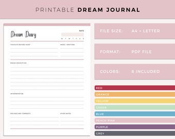 Printable Dream Journal, Print at Home Dream Diary, Dream Interpretation Planner Insert, A4 and Letter Size Dreaming Record Sheet