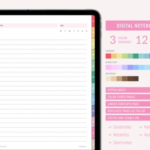 Digital Notebook, Note book for GoodNotes, Notability, Zoomnotes, 12 Hyperlinked Tabs, Lined Digital Subject Divider, Ipad Planner, PDF