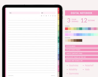 Digital Notebook, Note book for GoodNotes, Notability, Zoomnotes, 12 Hyperlinked Tabs, Lined Digital Subject Divider, Ipad Planner, PDF
