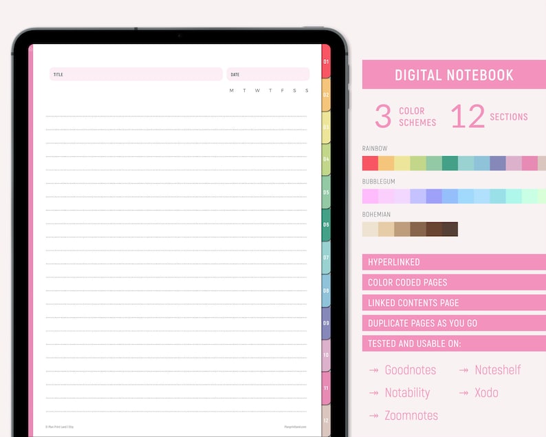 K&ouml;nnte beinhalten: Eine digitale Notizbuchvorlage mit 12 Abschnitten und 3 Farbschemata: Regenbogen, Kaugummi und Boh&egrave;me. Die Vorlage ist f&uuml;r die Verwendung mit Notiz-Apps wie Goodnotes, Noteshelf, Notability, Xodo und Zoomnotes konzipiert.