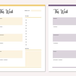May include: Two weekly planner pages with a cream and a light purple background. The pages are divided into sections for each day of the week, with space for to-do lists and notes. The text "This Week" is at the top of each page.