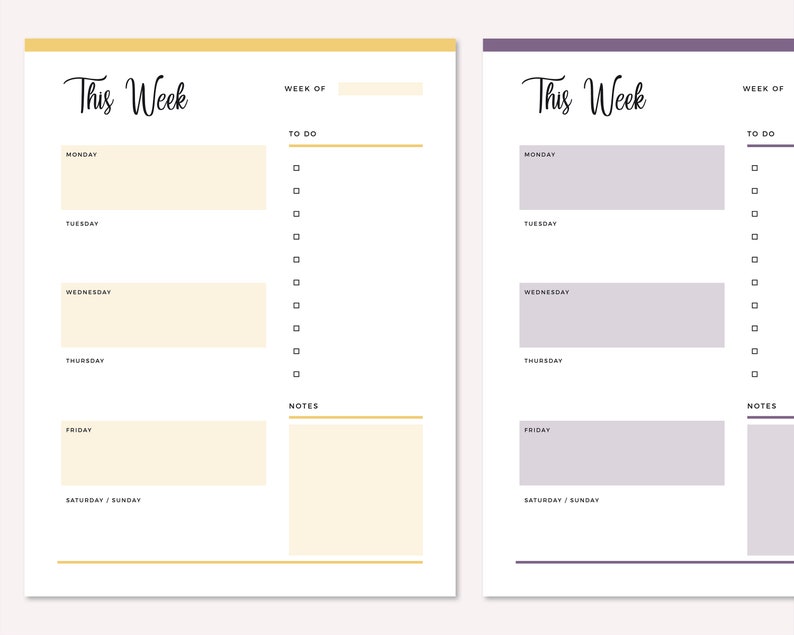 May include: Two weekly planner pages with a cream and a light purple background. The pages are divided into sections for each day of the week, with space for to-do lists and notes. The text "This Week" is at the top of each page.