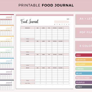 May include: Printable food journal template in 8 colors: red, orange, yellow, green, blue, peach pink, purple, and grey. The journal includes sections for breakfast, lunch, dinner, snacks, and daily totals. The template is available in A4 and Letter sizes and in PDF format.