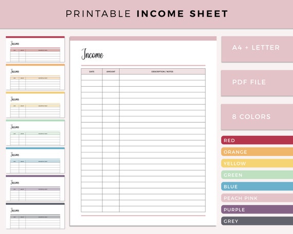 Printable Income Sheet Personal Finance Planner Budget