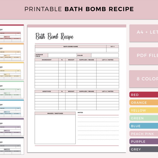 Printable bath bomb recipe sheet, soap making planner, soap maker organizer, bath bomb creation, A4 and letter size