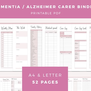 Printable Dementia Care Planner, Alzheimer&#39;s carer Binder, Senior Care Journal, Elderly Care Template, Nursing Home Sheets, A4 and US Letter