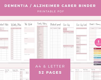 Printable Dementia Care Planner, Alzheimer's carer Binder, Senior Care Journal, Elderly Care Template, Nursing Home Sheets, A4 and US Letter