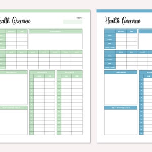 May include: A printable health tracker with a light green background. The tracker includes sections for weight, BMI, goals, achievements, challenges, and workouts. The tracker is designed to help people track their progress towards their health goals.