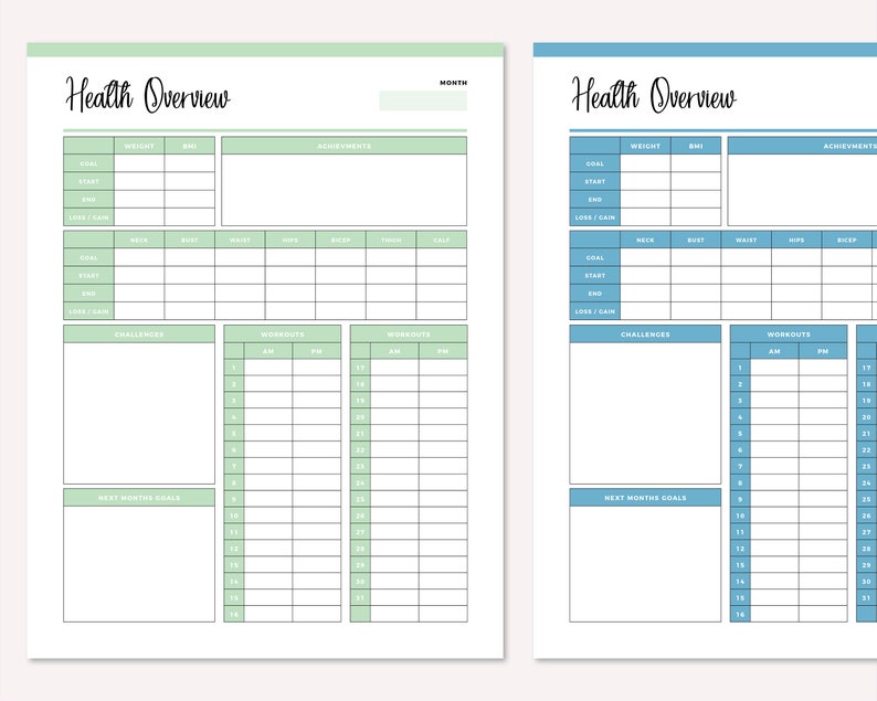 May include: A printable health tracker with a light green background. The tracker includes sections for weight, BMI, goals, achievements, challenges, and workouts. The tracker is designed to help people track their progress towards their health goals.