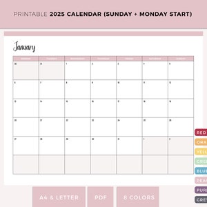 Calendario imprimible 2025, planificador mensual 2025, calendario mensual, inicio en domingo, inicio en lunes, calendario horizontal, tamaño A4 y carta estadounidense.