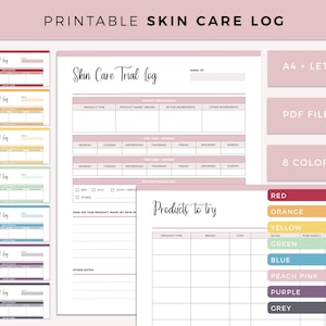 以下が含まれることがあります： ピンクの背景の印刷可能なスキンケアログ。ログには、製品情報、使用時間、製品が肌に与えた影響に関するセクションが含まれています。また、製品の種類、ブランド、費用、メモ、購入に関する列を含む、試す製品のセクションもあります。ログは、赤、オレンジ、黄、緑、青、ピーチピンク、紫、灰色の8色で入手できます。