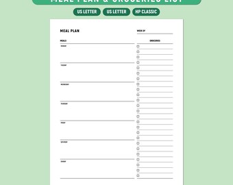 Weekly Meal Planner & Grocery List Template | Printable Fillable Menu Plan