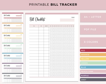 May include: Printable bill tracker checklist with a calendar grid for each month of the year. The checklist has columns for bill name, due date, amount, and checkboxes for each month. The printable is available in 8 colors: red, orange, yellow, green, blue, peach pink, purple, and grey. The text "A4 + LETTER" and "PDF FILE" are also included.