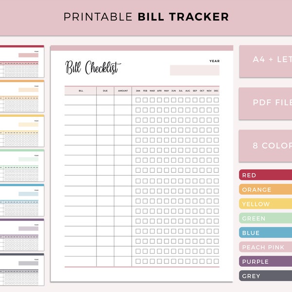 Bill Tracker Printable, Bill Organizer, Monthly Bill Payment Tracker, Bill Checklist Bill Planner, Expense Tracker, Personal Finance Planner
