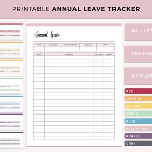 Annual Leave Tracker Printable, Work Leave Tracker, Work Holiday Planner, Holiday Tracker, Work Leave Sheet, Days off Tracker, A4 And Letter