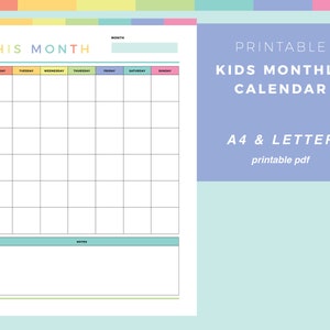 Printable monthly calendar for kids, monthly planner for children, rainbow kids calendar, school kids blank calendar, A4 and US letter size