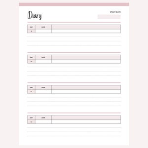 Single pink Diary page from the printable period tracker showing days 9 to 12, each with a day number, start date field and dotted writing lines for cycle symptoms and daily notes.