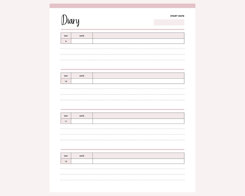 Single pink Diary page from the printable period tracker showing days 9 to 12, each with a day number, start date field and dotted writing lines for cycle symptoms and daily notes.