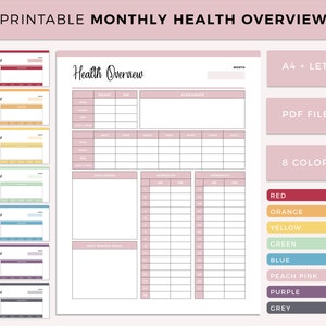 May include: Printable monthly health overview planner with sections for weight, sleep, meals, challenges, and workouts. The planner is available in eight colors: red, orange, yellow, green, blue, peach pink, purple, and grey. The planner is available in A4 and letter sizes.