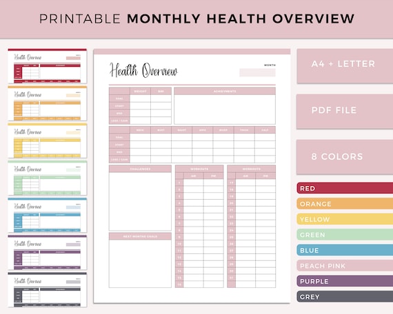 Monthly Health Tracker Printable, Weightloss Tracker, Weight Tracking, Health Overview, Body Measurement Journal, Fitness Planner, A4 Letter
