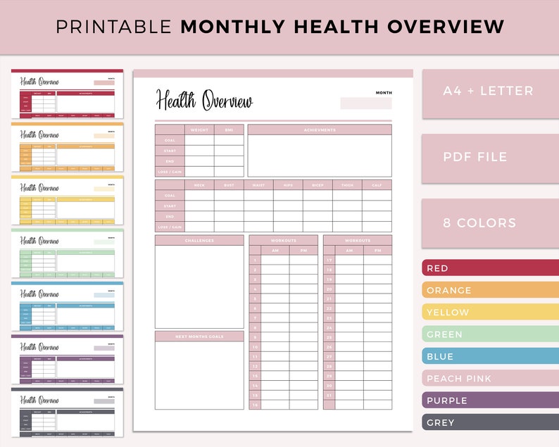 May include: Printable monthly health overview planner with sections for weight, sleep, meals, challenges, and workouts. The planner is available in eight colors: red, orange, yellow, green, blue, peach pink, purple, and grey. The planner is available in A4 and letter sizes.