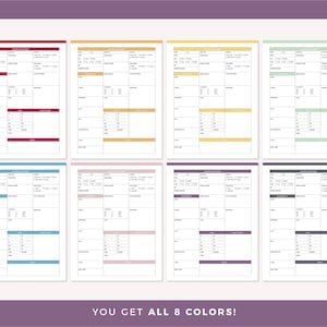All 8 colors of the nursing report sheet: red, orange, yellow, green, blue, pink, purple and grey