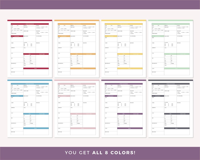 All 8 colors of the nursing report sheet: red, orange, yellow, green, blue, pink, purple and grey