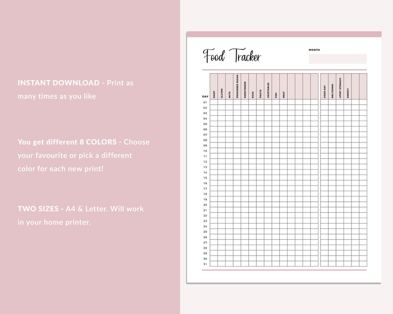 Op de afbeelding: Een printbare voedseltracker met een raster om maaltijden te loggen en een sectie voor notities. De tracker heeft een roze achtergrond en de tekst "Food Tracker" is geschreven in zwarte cursieve letters.