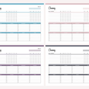 Four daily cleaning checklist printable variations in blue, pink, purple, and grey colors, displaying the full weekly cleaning planner format with daily task rows and checkpoint columns for each day.