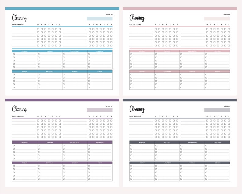 Four daily cleaning checklist printable variations in blue, pink, purple, and grey colors, displaying the full weekly cleaning planner format with daily task rows and checkpoint columns for each day.