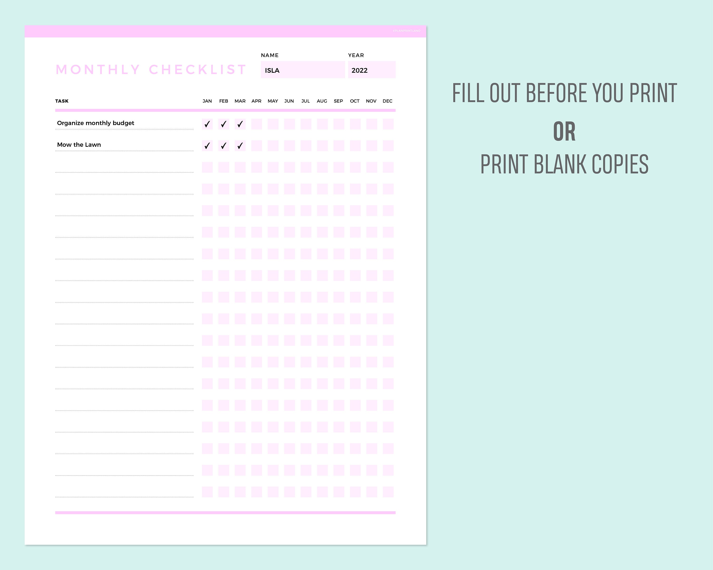 Editable Monthly Checklist Printable, Month to Do List, Monthly Chore ...