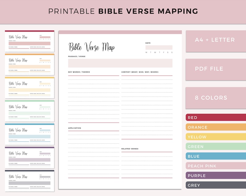 K&ouml;nnte beinhalten: Druckbare Bibelvers-Mapping-Arbeitsblatt mit rosa Hintergrund. Das Arbeitsblatt enth&auml;lt Abschnitte f&uuml;r die Passage, Schl&uuml;sselw&ouml;rter, Kontext, Anwendung und verwandte Verse. Das Arbeitsblatt ist in 8 Farben erh&auml;ltlich: Rot, Orange, Gelb, Gr&uuml;n, Blau, Pfirsichrosa, Lila und Grau. Das Arbeitsblatt ist in den Formaten A4 und Letter sowie im PDF-Format erh&auml;ltlich.