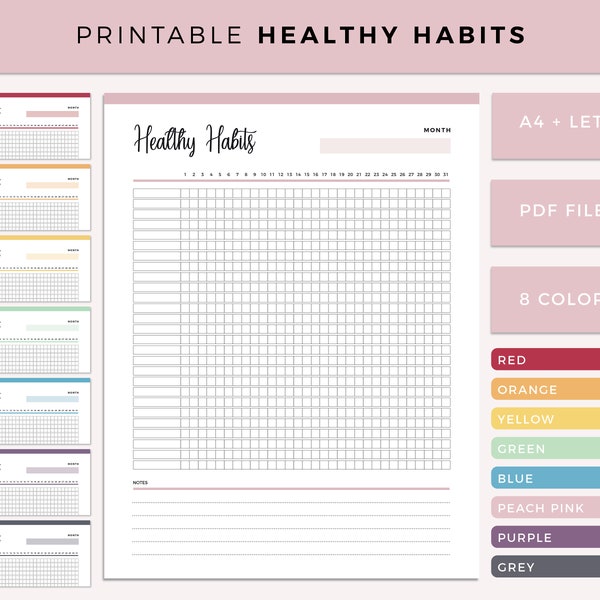 Printable healthy habit tracker, daily heath tracking sheet, health checklist, Print at home, A4 planner, Letter size health plan