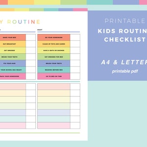 Printable kids routine chart, routine checklist for children, daily tasks for kids, morning and night to do lists, A4 and US letter sizes