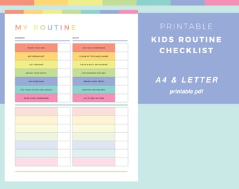 Printable kids routine chart, routine checklist for children, daily tasks for kids, morning and night to do lists, A4 and US letter sizes