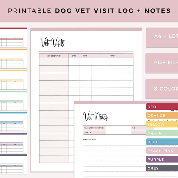 Printable Pet Visit Log, Vet Notes, Veterinarian Visitation Tracker, Pet Health Record, Pet Care Records, Dog Health Record, A4 and Letter