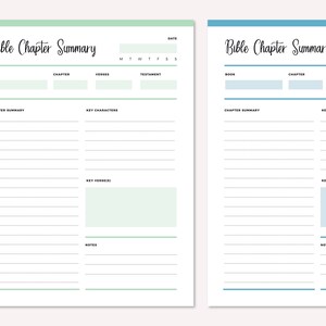 Two-page spread of Bible study templates in green and blue, each featuring the chapter summary layout with date selector, section headers, writing lines for chapter summaries and key characters, key verse(s) boxes, and notes sections.