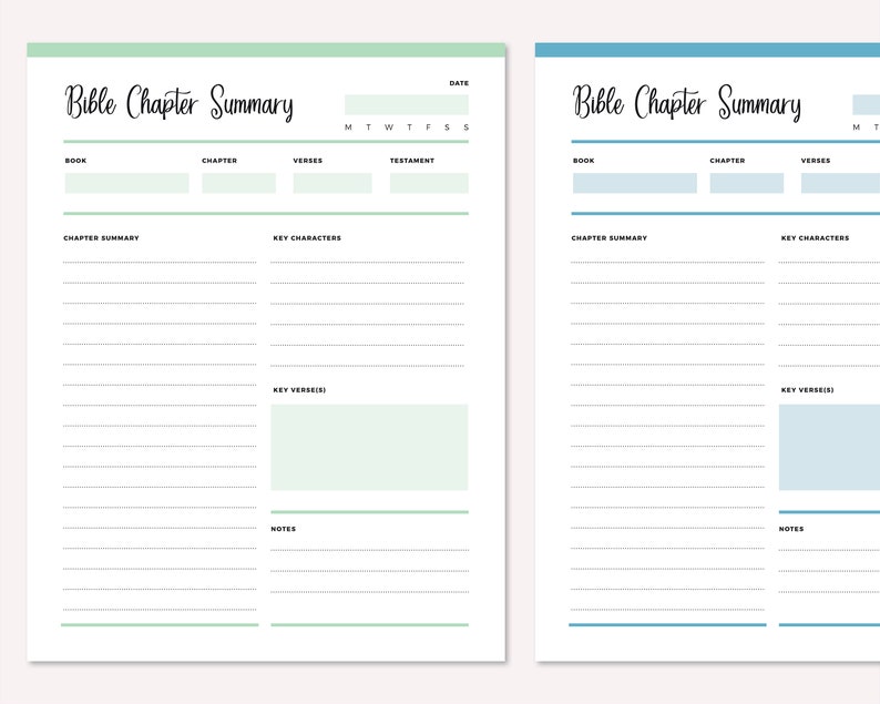 Two-page spread of Bible study templates in green and blue, each featuring the chapter summary layout with date selector, section headers, writing lines for chapter summaries and key characters, key verse(s) boxes, and notes sections.