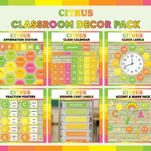Bright Citrus Classroom Decor Bundle | Green Yellow Orange Pink Classroom Theme | Bulletin Board Posters | Colorful Classroom Decorations