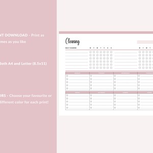 Daily cleaning checklist printable showing instant download feature with A4 and Letter size options and 8 color choices, displaying weekly task tracking layout with daily and weekly task sections.